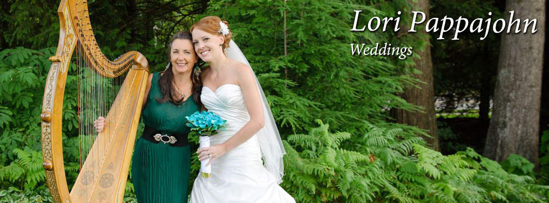 Lori Pappajohn with harp and bride at wedding